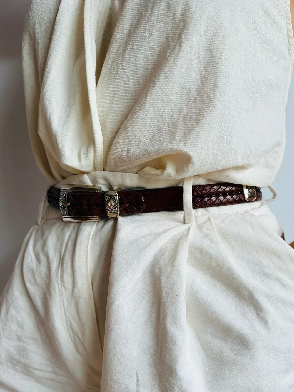 Brighton Brown Braided Leather Belt Silver Concho Western Boho Size Small 28